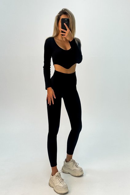 Komplet vrubkované push-up legíny s vysokým pásom a crop-top čierny