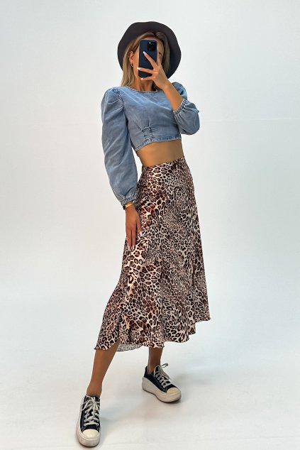 Lesklá dlhá sukňa s leopardím vzorom