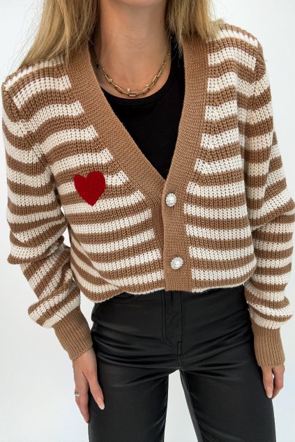 Pásikavý kardigán na zapínanie so srdiečkom hnedý