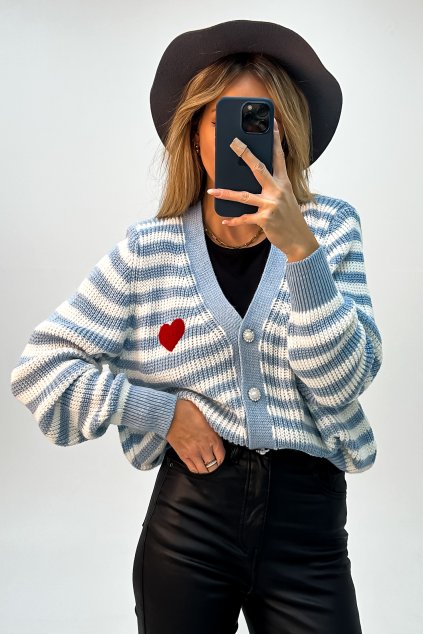 Pásikavý kardigán na zapínanie so srdiečkom modrý