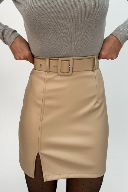 Puzdrová koženková sukňa s opaskom krémová