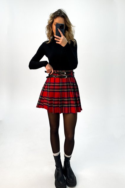 Karovaná skladaná sukňa s dvojitým opaskom