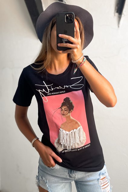 Bavlnené čierne tričko s perličkami