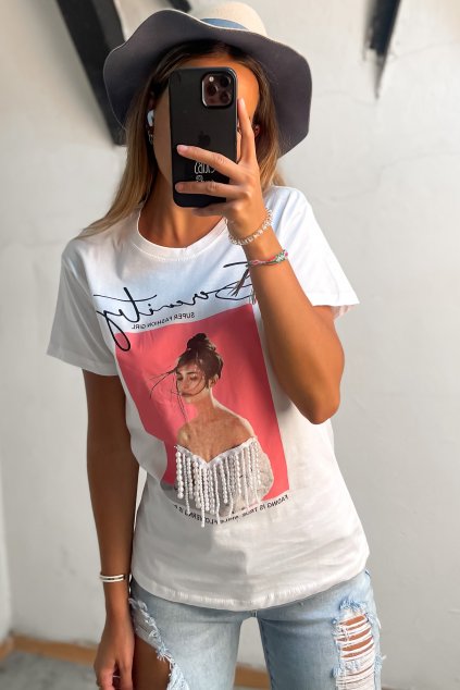 Bavlnené biele tričko s perličkami