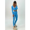 Komplet vrubkované push-up legíny s vysokým pásom a crop-top modrý