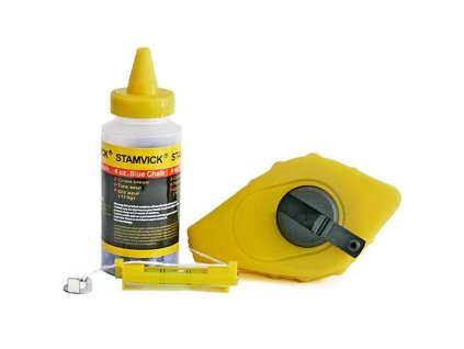 Šnúra murárska Strend Pro L-30 m, s navíjačom + modrý murársky značkovací púder (prášok) a mini vodováha na lanko