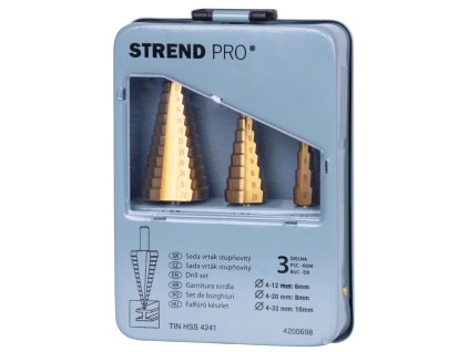 Sada stupňovitých vrtákov Strend Pro SS421, 4-12, 4-20, 4-32 mm, TiN, HSS 4241 rovný, do kovu