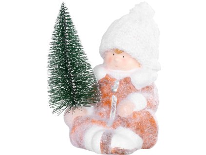 Postavička MagicHome Vianoce, Chlapček so stromčekom, terakota, 14,5x13x17 cm