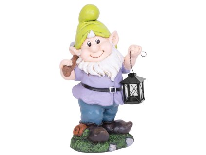 Dekorácia MagicHome, Trpaslík s lampášom vo fialovom svetríku, keramika, 25x20,5x45,5 cm