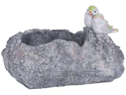 Dekorácia MagicHome, Kameň s vtáčikom a kvetináčom, keramika, 35,5x26,5x20,5 cm