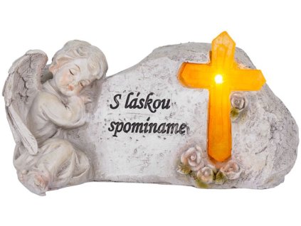 Dekorácia MagicHome, Anjel s krížom, polyresin, na hrob, solar, 20,5x11x11 cm,