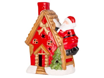 Dekorácia MagicHome Vianoce, Domček so santom na streche, LED, terakota, 2xAAA, 27x13x34 cm