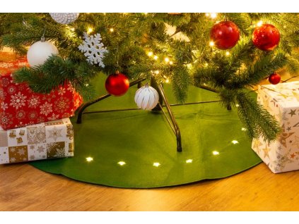 Koberec MagicHome Vianoce, zelený, pod vianočný stromček, s hviezdičkami, 22x LED, teplá biela, 2xAA, 90 cm