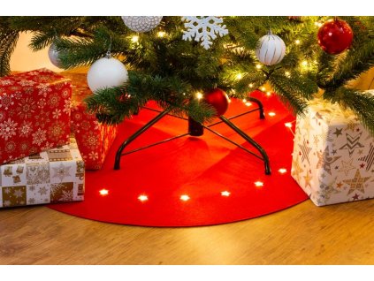 Koberec MagicHome Vianoce, červený, pod vianočný stromček, s hviezdičkami, 22x LED, teplá biela, 2xAA, 90 cm