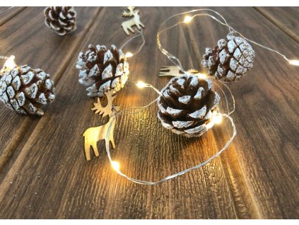 Reťaz MagicHome Vianoce Pine, 20x LED teplá biela, so zasneženými šiškami, 2xAA, jednoduché svietenie, osvetlenie, L-1,9 m