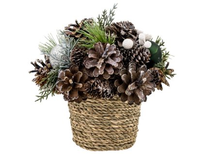 Ikebana MagicHome Vianoce, prírodná, so zelenými guľami, 19x19 cm