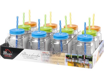 Pohár MagicHome, sklenený, so slamkou, s farebným viečkom, sklo, 480 ml, Sellbox 12 ks