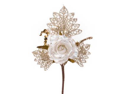 Vetvička MagicHome Vianoce, s ružou, bielo - zlatá, 26 cm