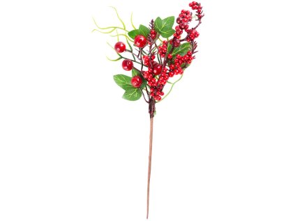 Vetvička MagicHome Vianoce, s bobuľkami a lístkami, červená, 32 cm