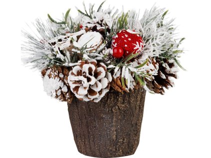 Ikebana MagicHome Vianoce, so zasneženou čečinou, imitácia dreva 18 cm
