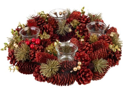 Veniec MagicHome Vianoce, prírodný, červený, adventný, 37x9 cm