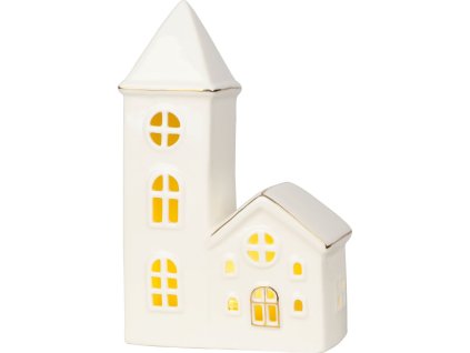 Dekorácia MagicHome, Domček s kostolom, LED, biely, porcelán, 11,2x5,5x17,4 cm