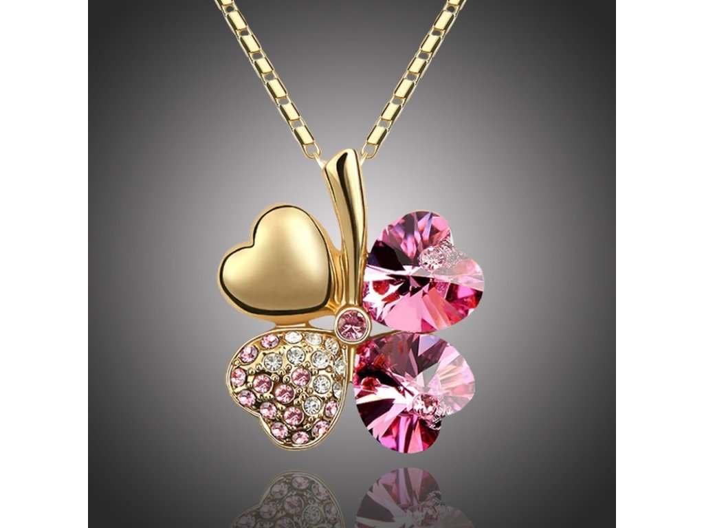 nahrdelnik swarovski elements ctyrlistek zlato ruzovy