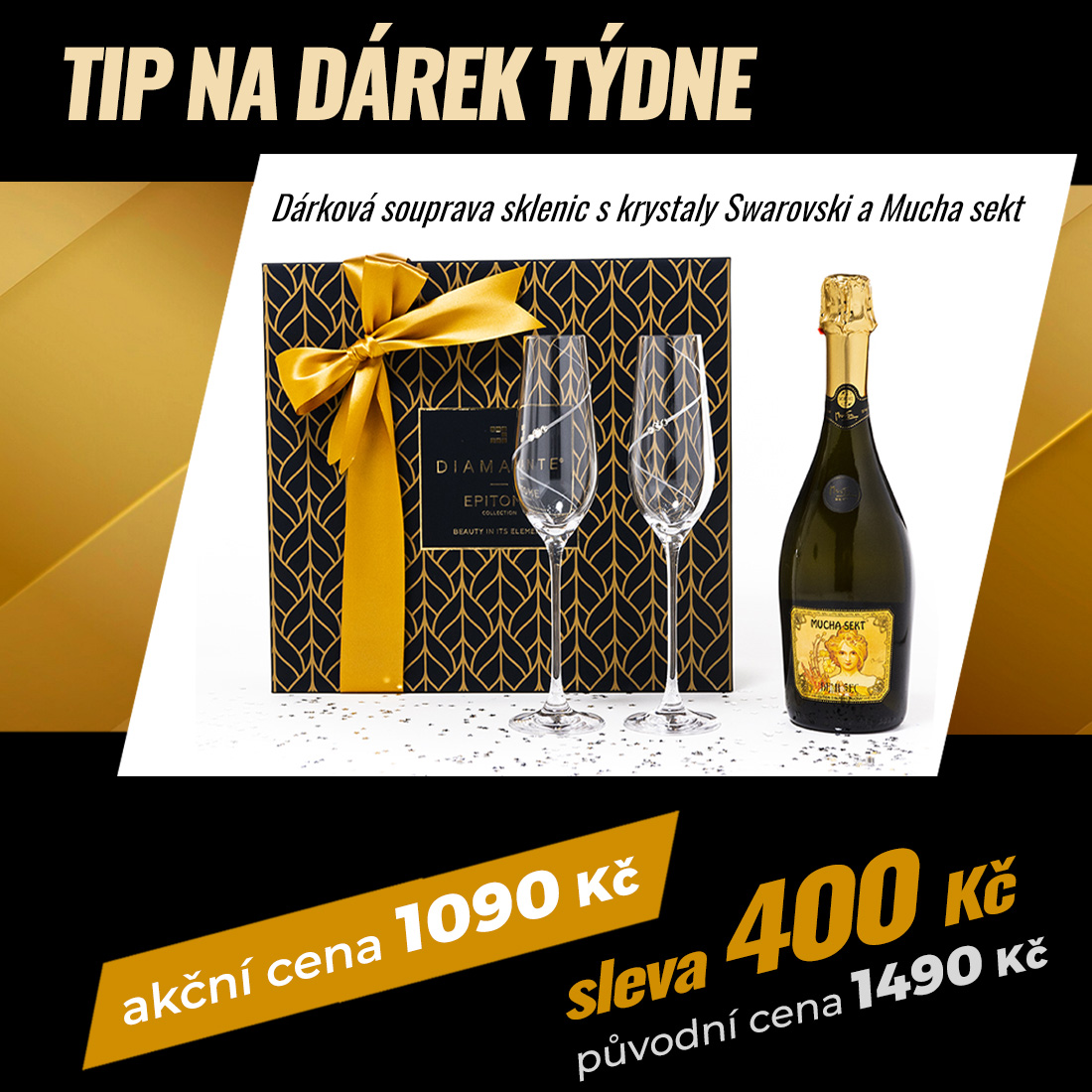 Dárková souprava swarovski sklenice na šampaňské a Mucha sekt