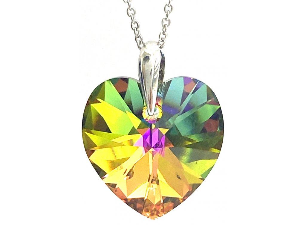 Přívěsek Srdce Swarovski crystal s ocelovým řetízkem zelená duhová