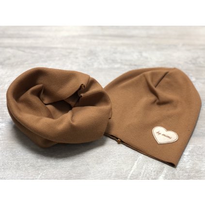 Bavlnená čiapka + tunelový šál - Hnedá (Veľkosť UNI)