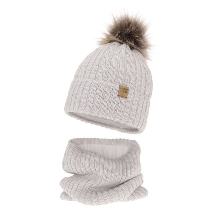 Zimná čiapka MERINO s huňatým brmbolcom a nákrčníkom (Veľkosť UNI, Farba Sivá)
