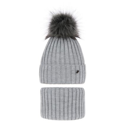 Zimná čiapka s huňatým brmbolcom a nákrčníkom (Veľkosť UNI, Farba Sivá)