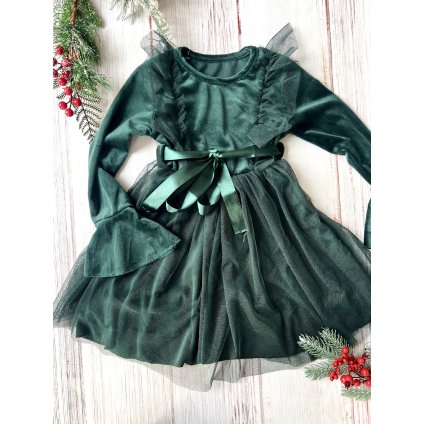 Dievčenské vianočné šaty s tylom (Veľkosť 146/152, Farba Zelená)