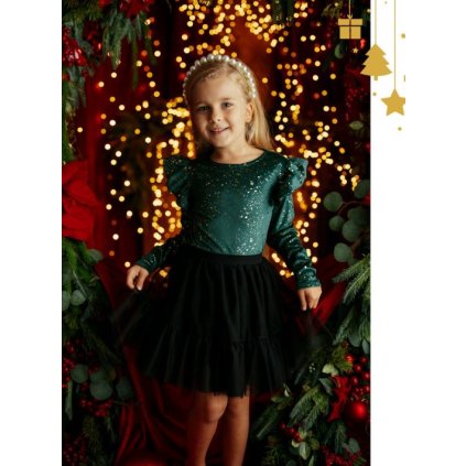 Dievčenské vianočné tričko so zlatými trblietkami a volánikmi (Veľkosť 146, Farba Zelená)