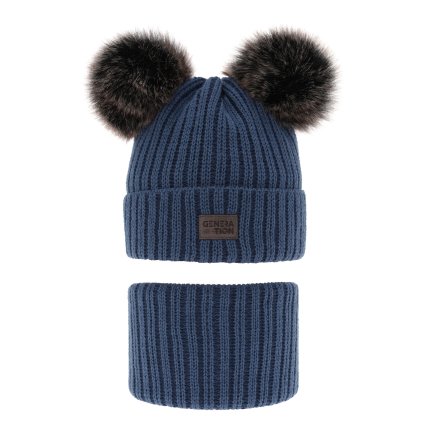 Chlapčenská zimná čiapka s 2 brmbolcami a nákrčníkom (Veľkosť 4-10 rokov, Farba Modrá)