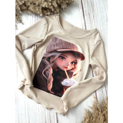 Dievčenské tričko s dlhým rukávom - Béžová (Veľkosť 152/158)