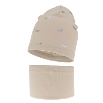Bavlnená dievčenská čiapka + tunelový šál - Béžová (Veľkosť 2-5 rokov)