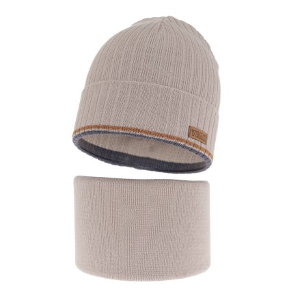 Chlapčenská prechodná čiapka + tunelový šál - Béžová (Veľkosť UNI)