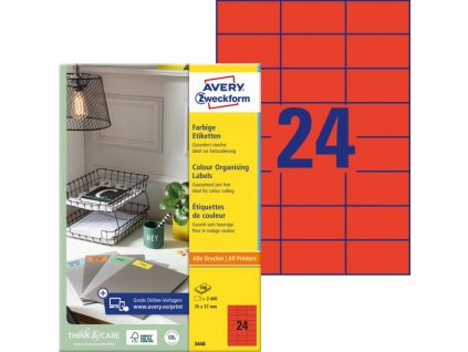 Etikety farebné 70x37mm Avery A4 100 hárkov červené