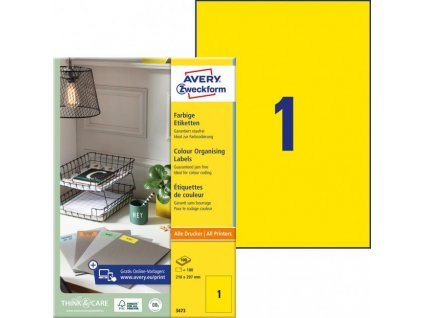 Etikety farebné 210x297mm Avery A4 100 hárkov žlté