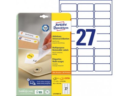 Etikety univerzálne odnímateľné 63,5x29,6mm Avery A4 25+5 hárkov