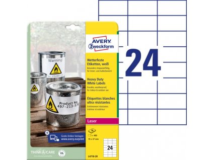 Etikety polyesterové veľmi odolné 70x37mm Avery A4 biele 20 hárkov