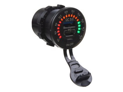 USB nabíječka QC3.0 + USB-C, voltmetr s color analogovou indikací do panelu