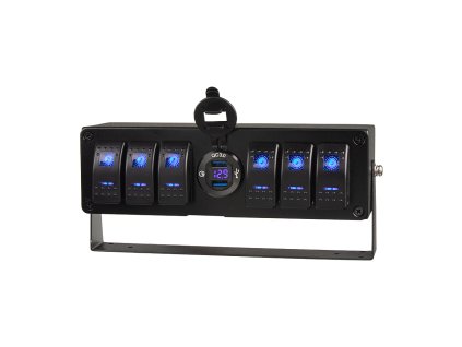 Panel s 6x spínači Rocker, voltmetr +  2x USB zásuvka, 12/24V