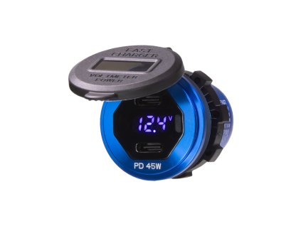 2x USB-C nabíječka s voltmetrem/wattmetrem, hliníková do panelu, 90W