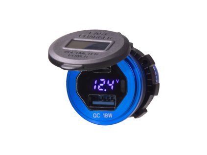 USB nabíječka QC + USB-C s voltmetrem/wattmetrem, hliníková do panelu, 18W + 45W