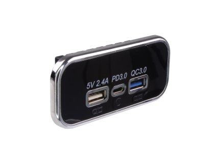 USB 2.4A + QC3.0 + USB-C PD zásuvka 12/24V, chromový rámeček