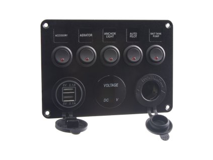 Panel s 5x spínači, CL, voltmetr + 2x USB zásuvka, 12/24V