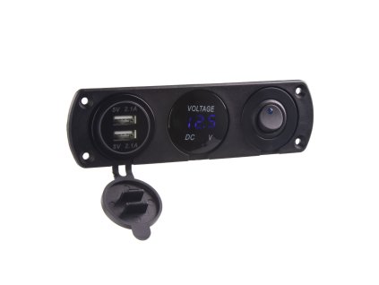 Panel s 1x spínačem, voltmetr + 2x USB zásuvka, 12/24V