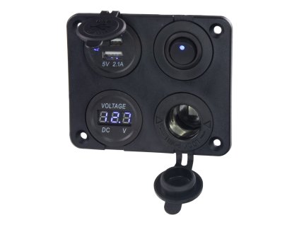 Panel s 1x spínačem, CL, voltmetr + 2x USB zásuvka, 12/24V